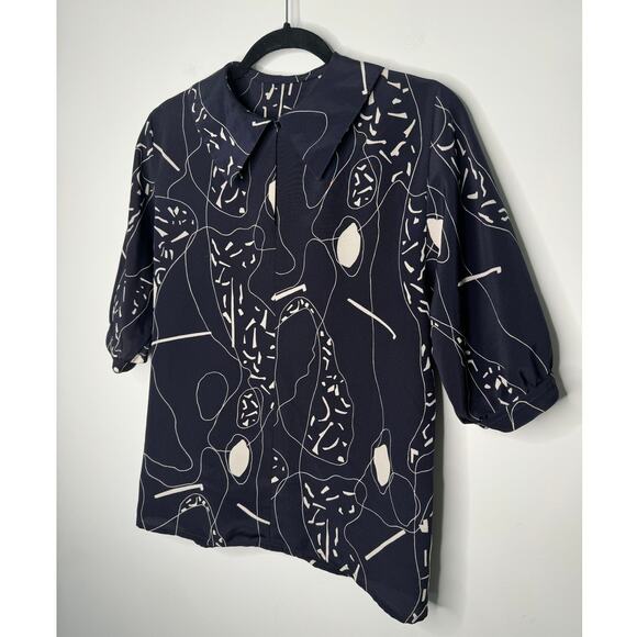 Vintage Jaeger, Made in Great Britain, Collard Abstract Blue Short Sleeve Blouse - Picture 2 of 6